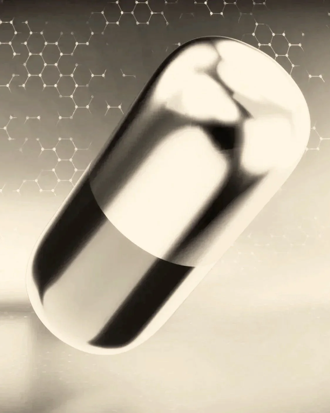 A black and white capsule pill with a white band in the middle and black markings on top and bottom, depicted at an angle with a background featuring a honeycomb pattern.
