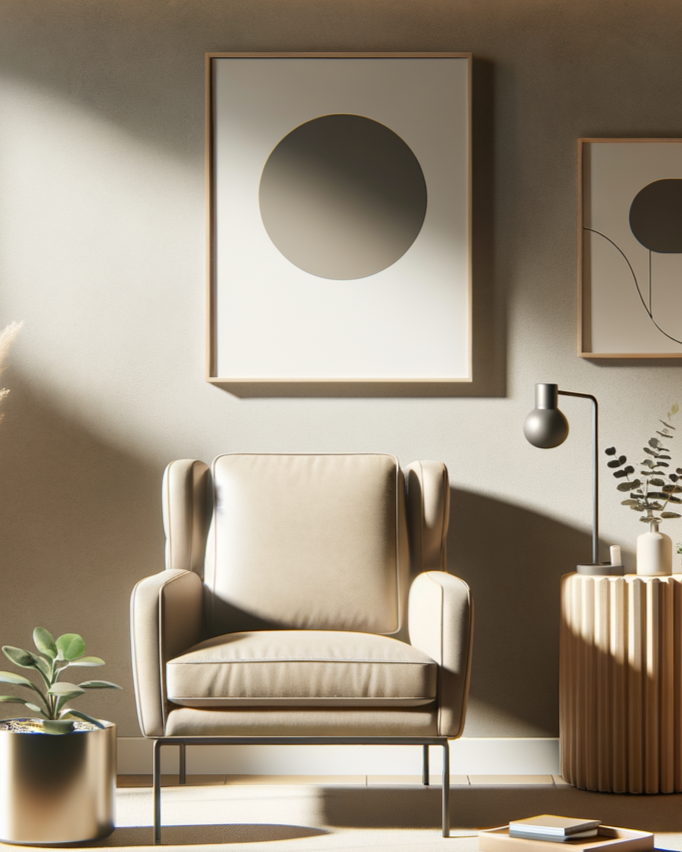 Minimalist interior with an off-white armchair, framed abstract artwork, a small side table with a textured surface, a black desk lamp, and a potted plant, illuminated by natural light.