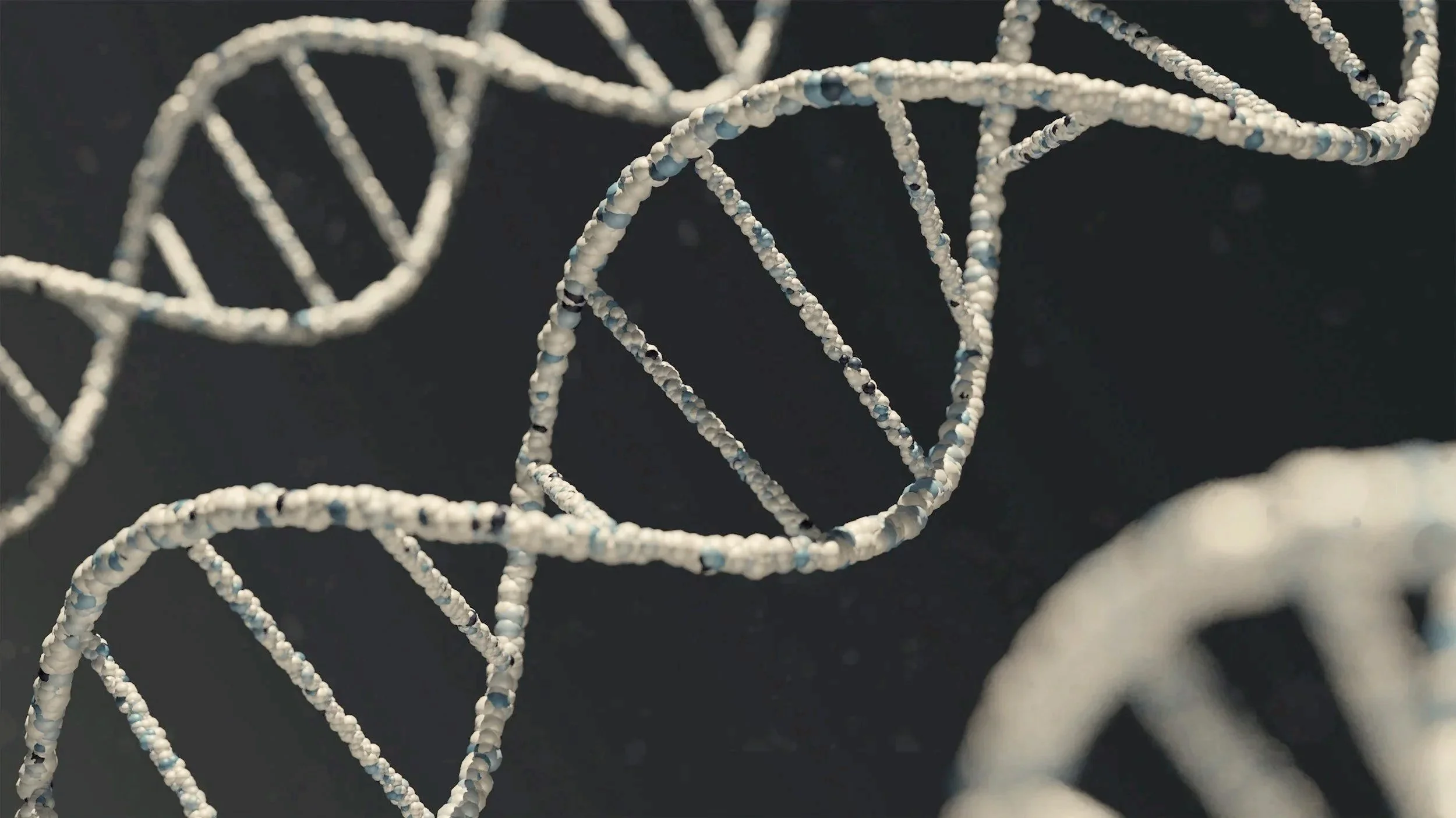 Close-up of DNA helix structures made of small beads or pearls, arranged in a double helix pattern, set against a dark background.