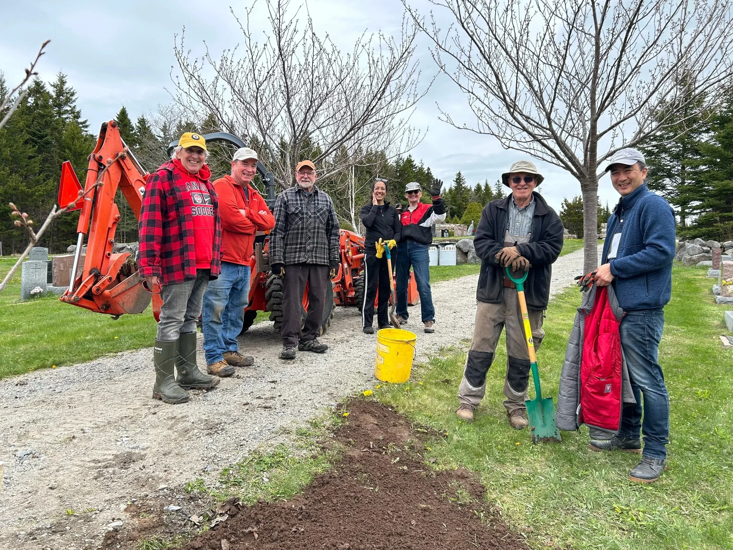 A group of volunteers replacing one of the flowering cherry tree that line the main roadway into the cemetery.