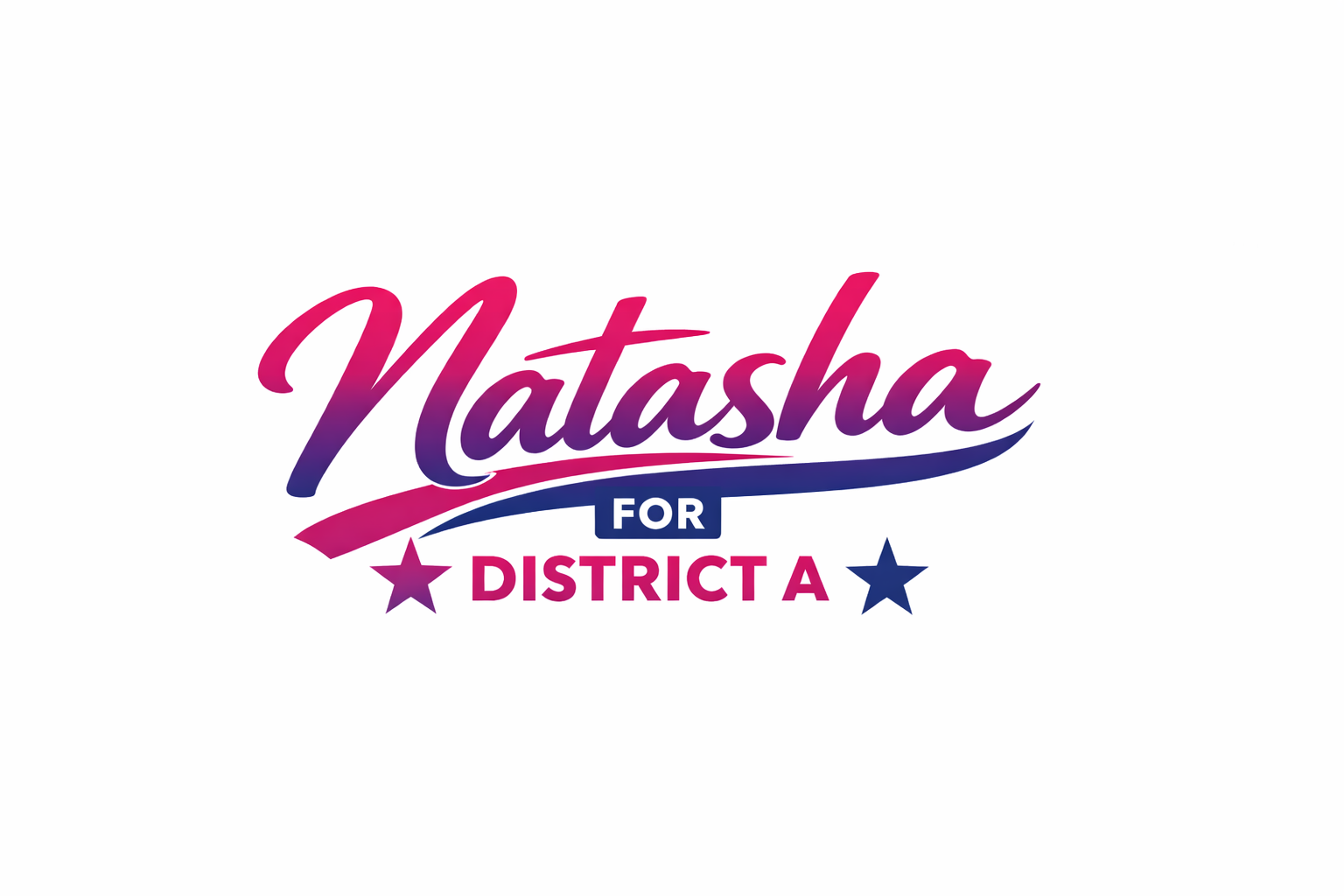 Campaign logo for Natasha for District A, featuring her name in stylized pink and purple lettering with stars and patriotic colors.