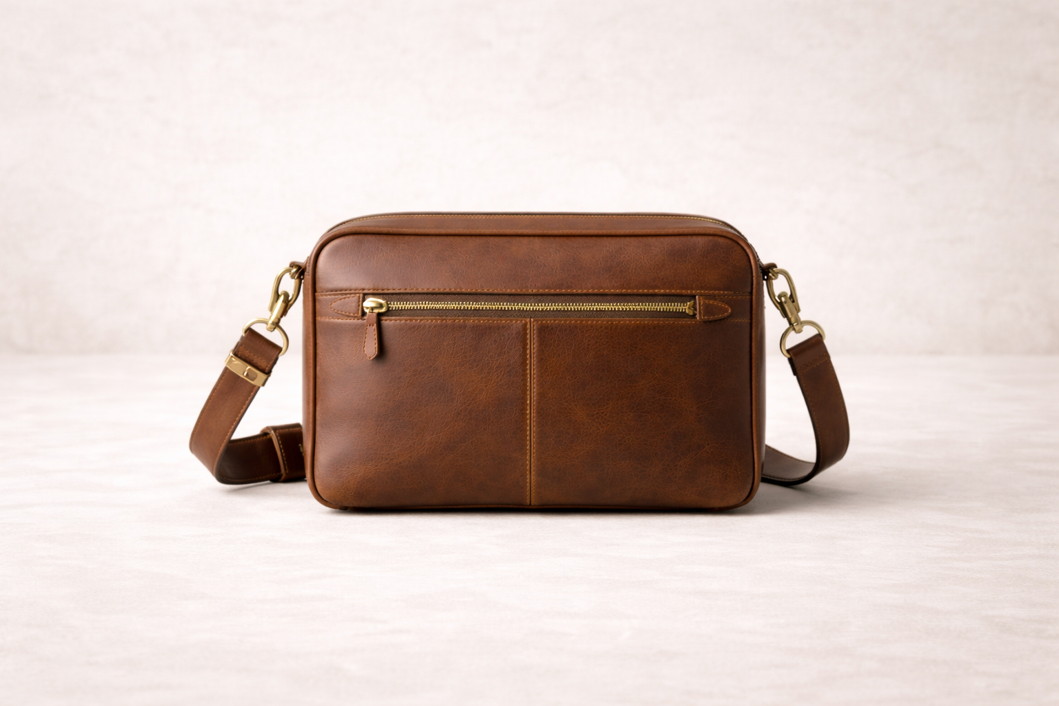 Brown leather crossbody bag with gold zipper on front pocket, placed on light surface against plain background.