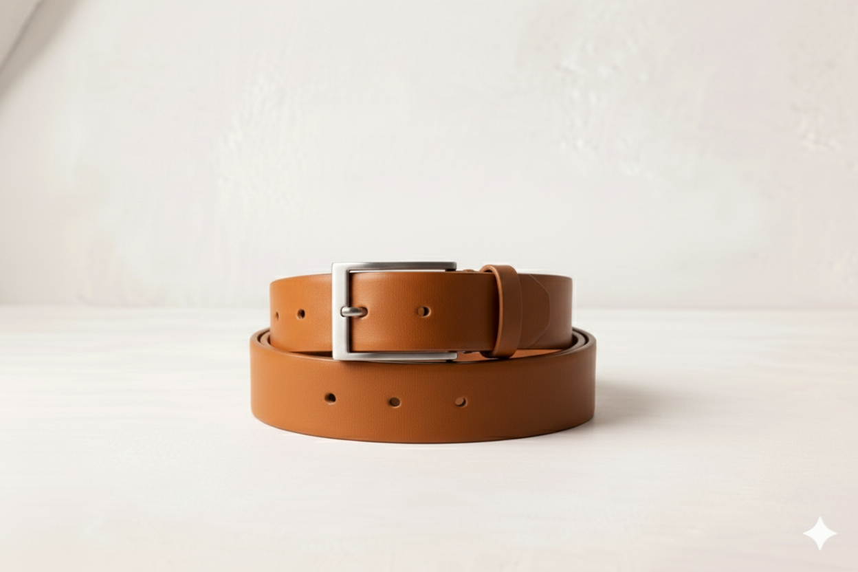 A brown leather belt with a silver buckle placed on a light-colored surface against a plain light-colored background.