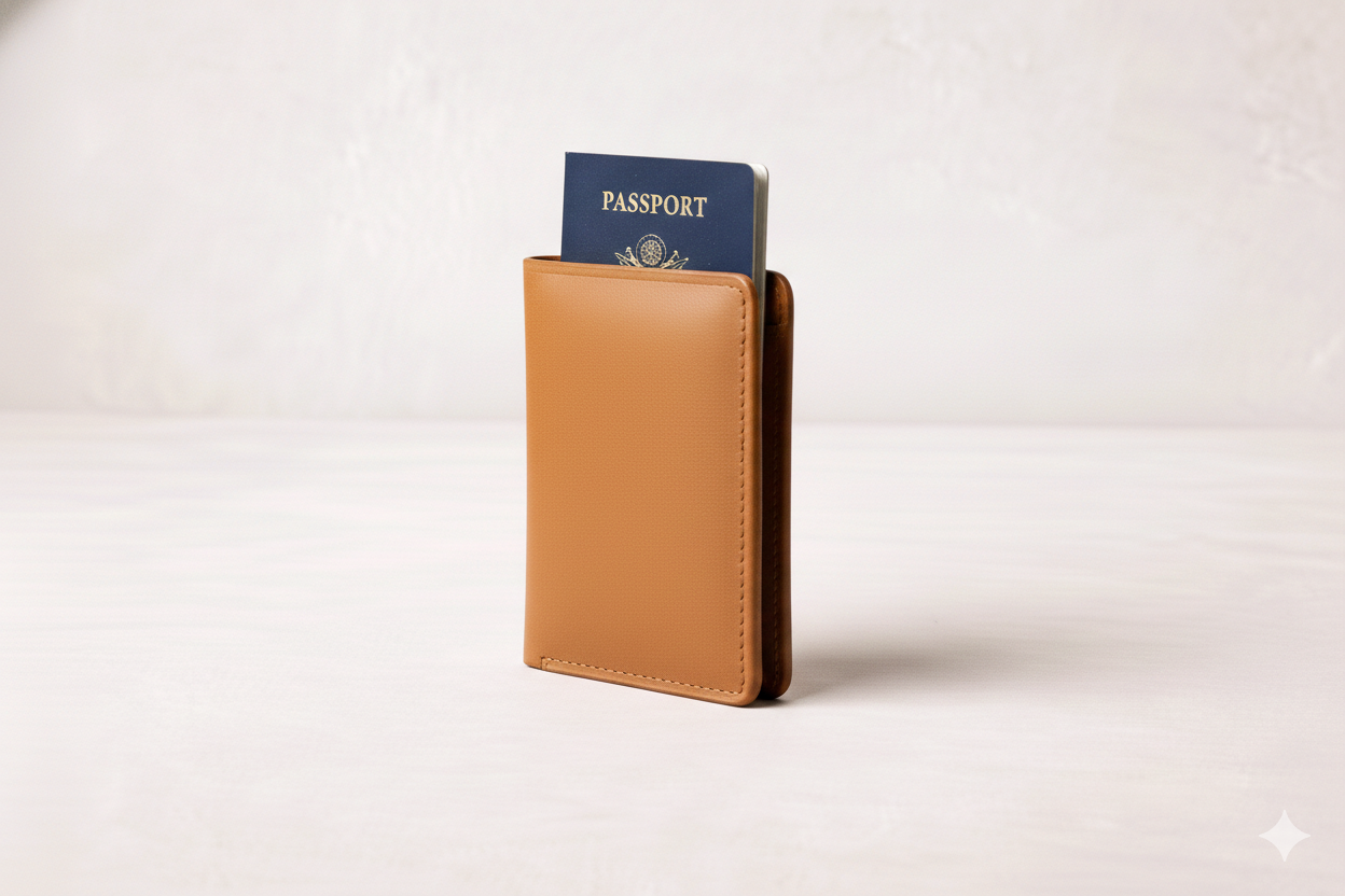 A brown leather travel wallet with a passport partially visible inside.