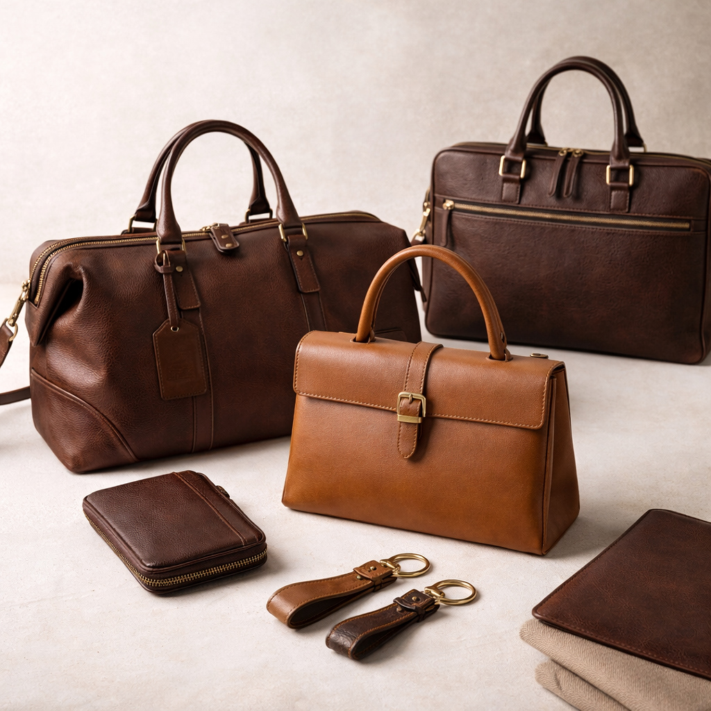 Collection of brown leather handbags, wallets, keychains, and accessories arranged on a light surface.