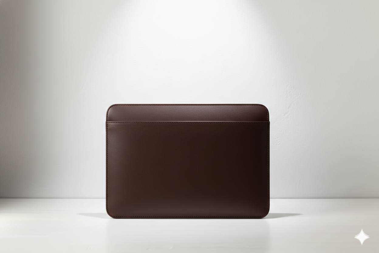 A brown leather laptop sleeve on a white surface against a plain white background.