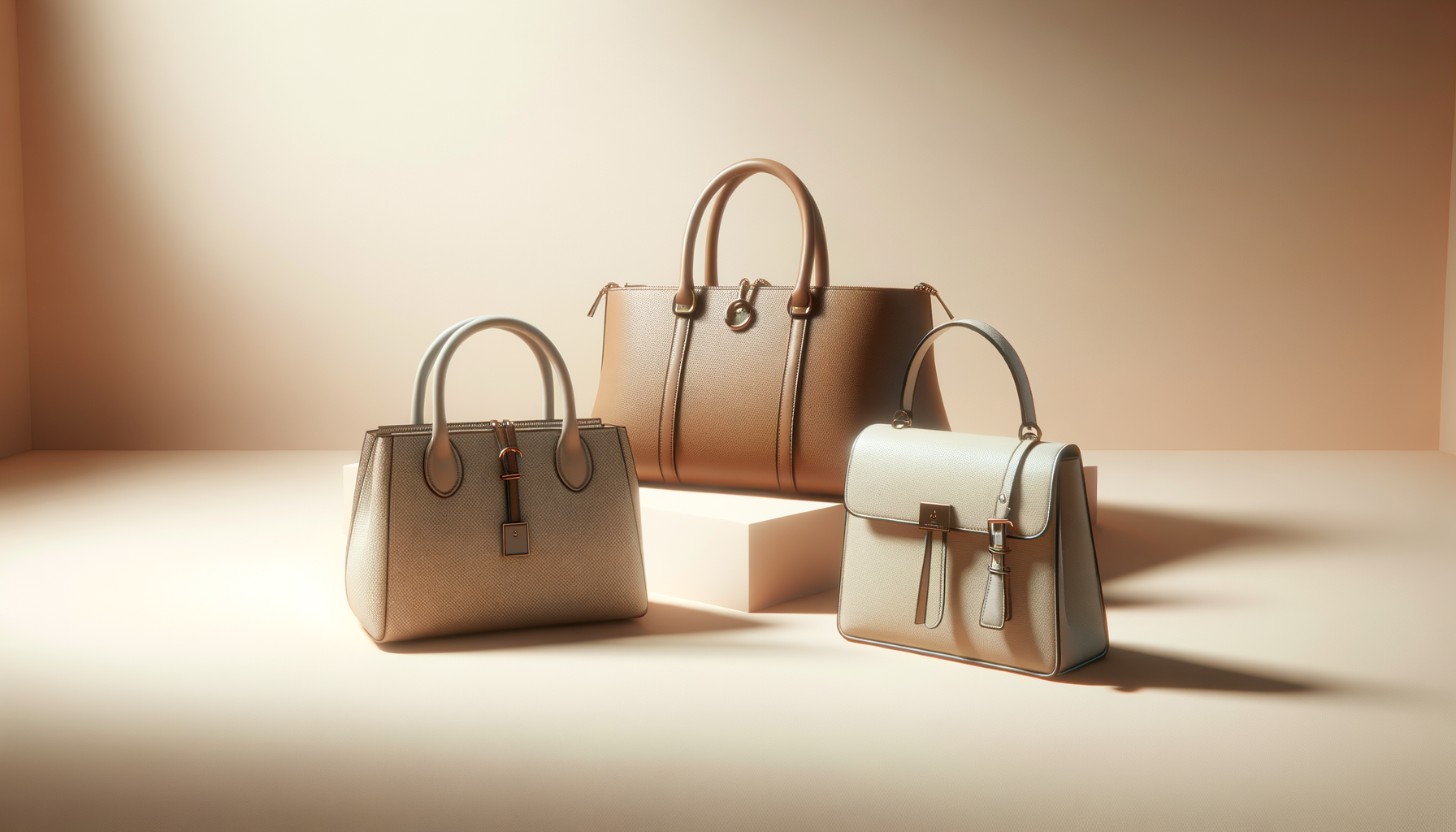 Three handbags on display with neutral backgrounds and soft lighting.