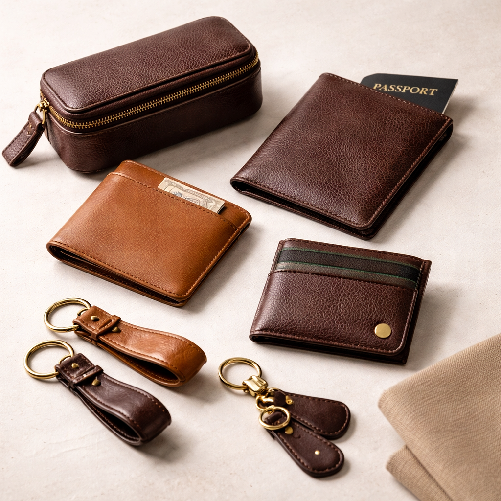 Collection of brown leather accessories including a zippered pouch, wallets, cardholders, and keychains, arranged on a light surface.