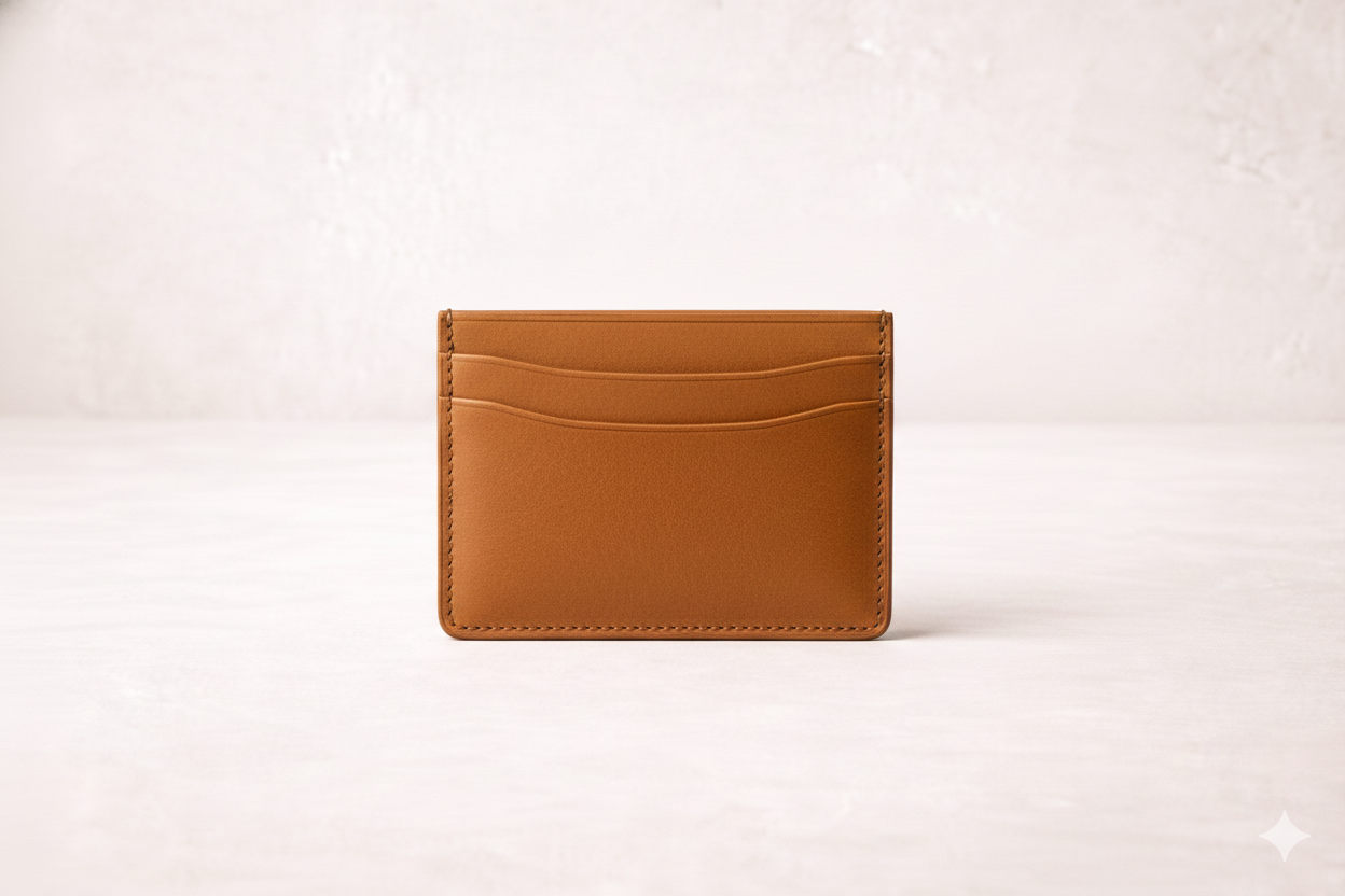 A brown leather cardholder on a white surface with a plain white background.