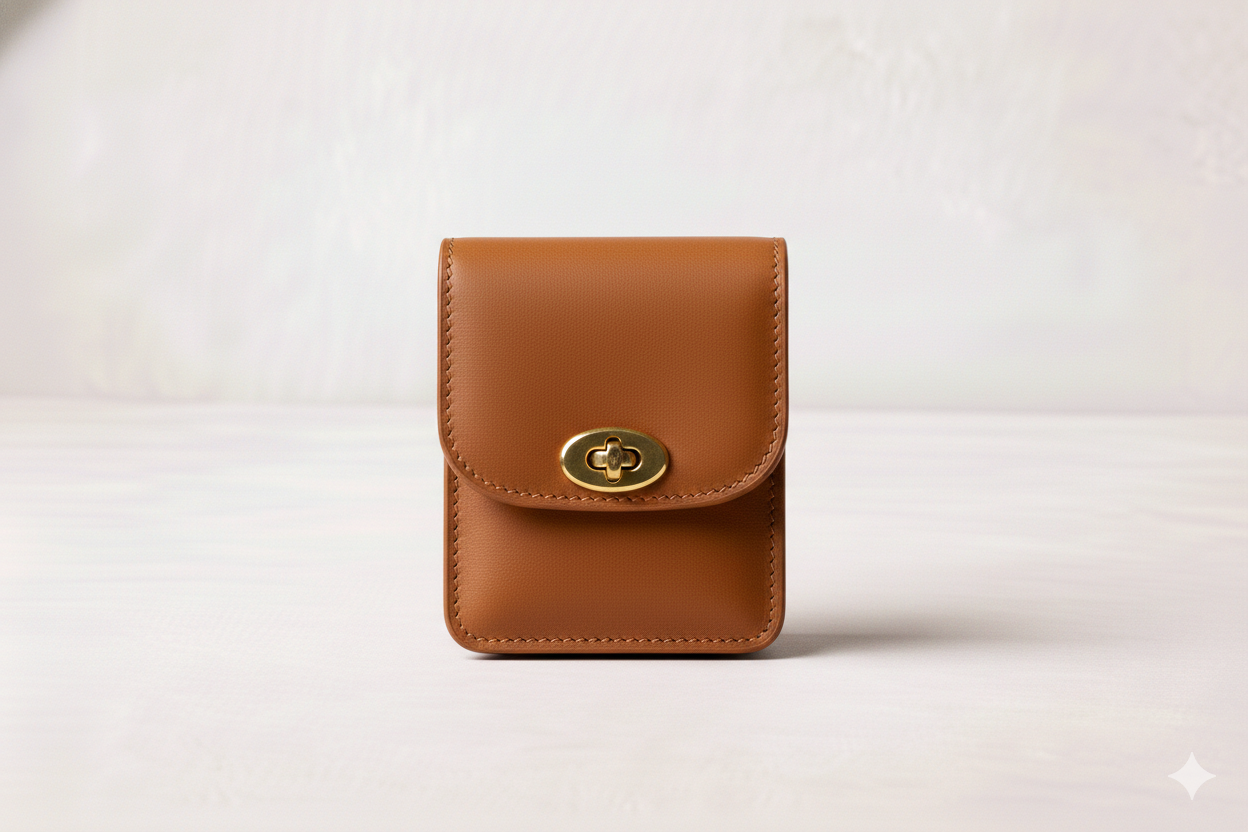 Brown leather small purse or wallet with a gold clasp on a white surface.