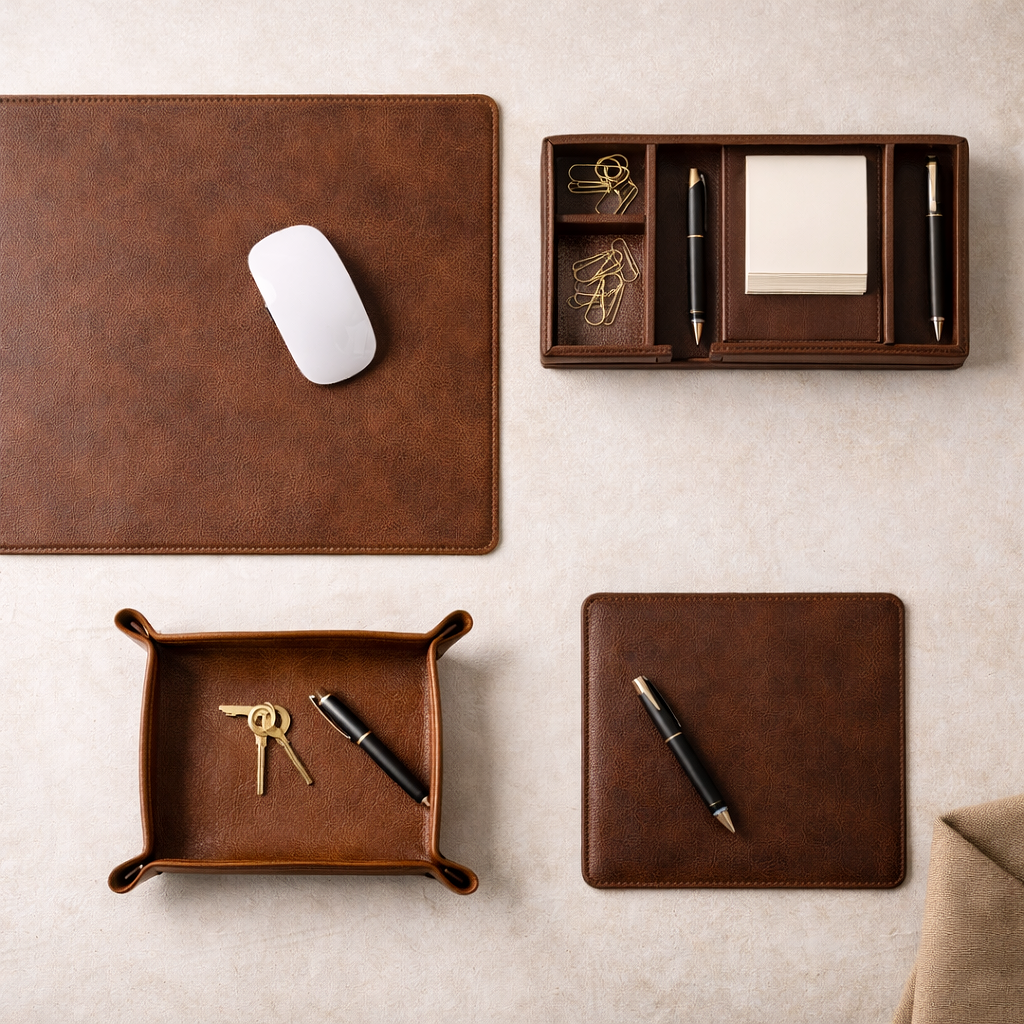 Top-down view of a desk setup with a white wireless mouse on a brown leather desk mat, and four leather organizers containing pens, paper clips, sticky notes, a notepad, and a set of keys with a black pen nearby.