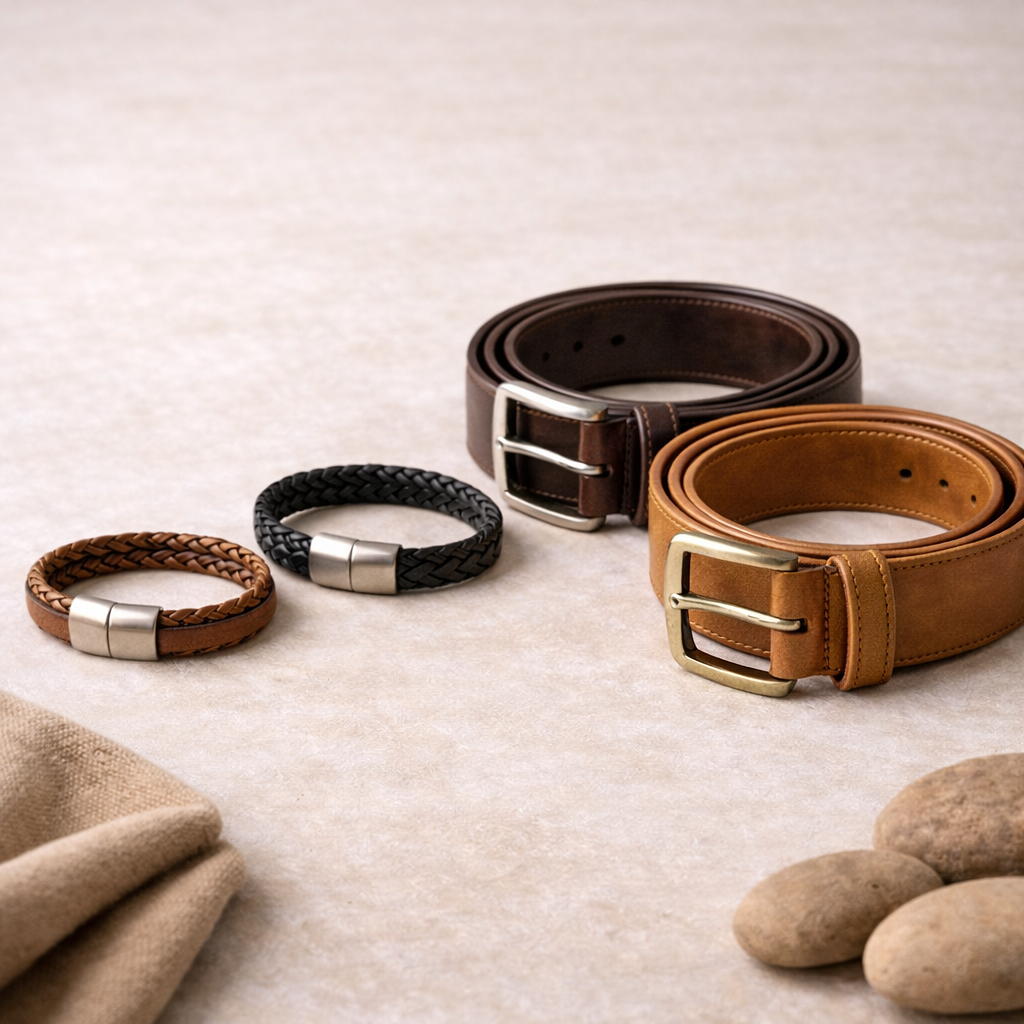 Brown leather belt, black braided leather bracelet, and tan leather belt arranged on a light beige surface, with some stones and fabric in the background.