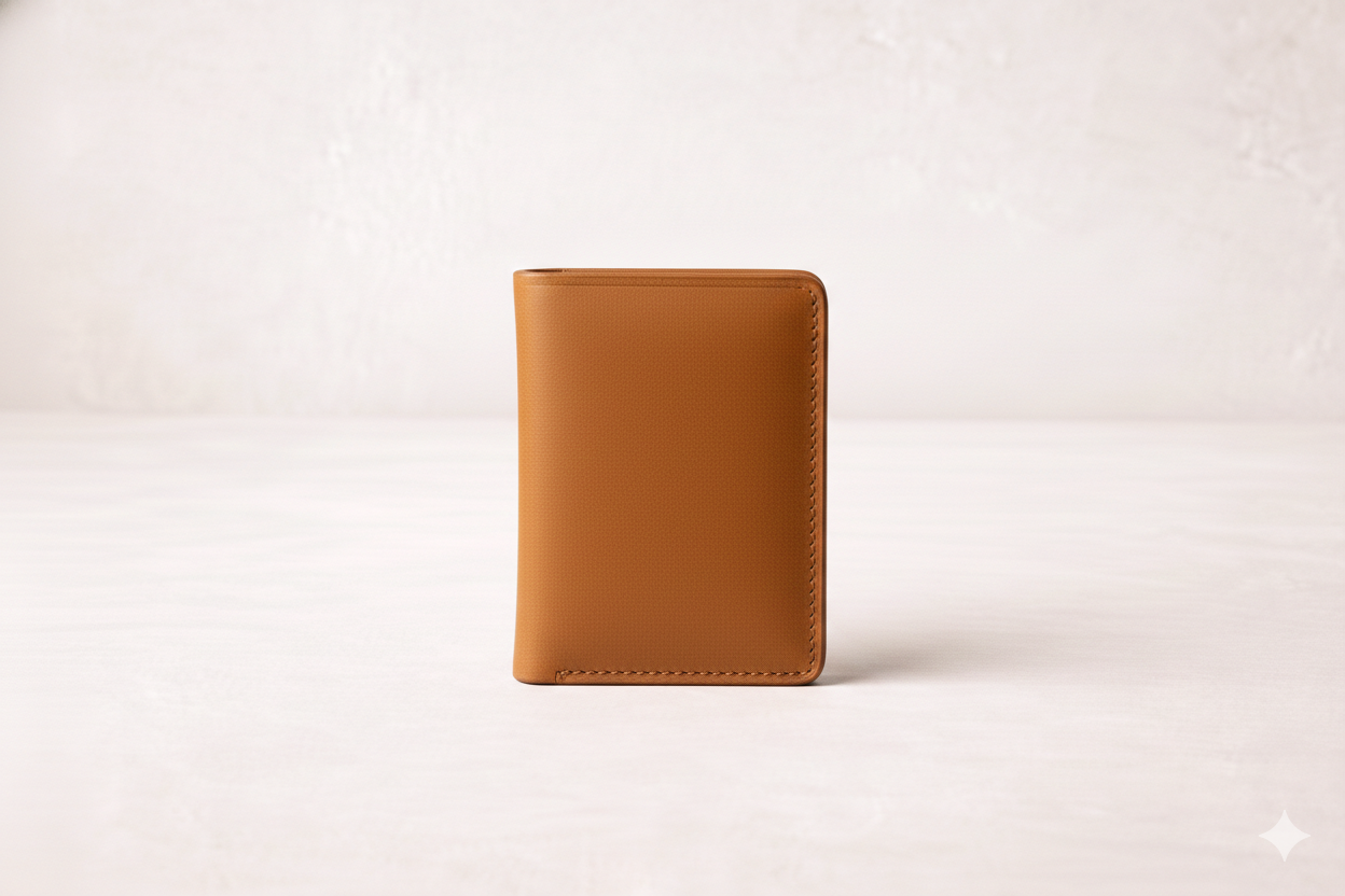 Brown leather wallet standing upright on a white surface with a white background.