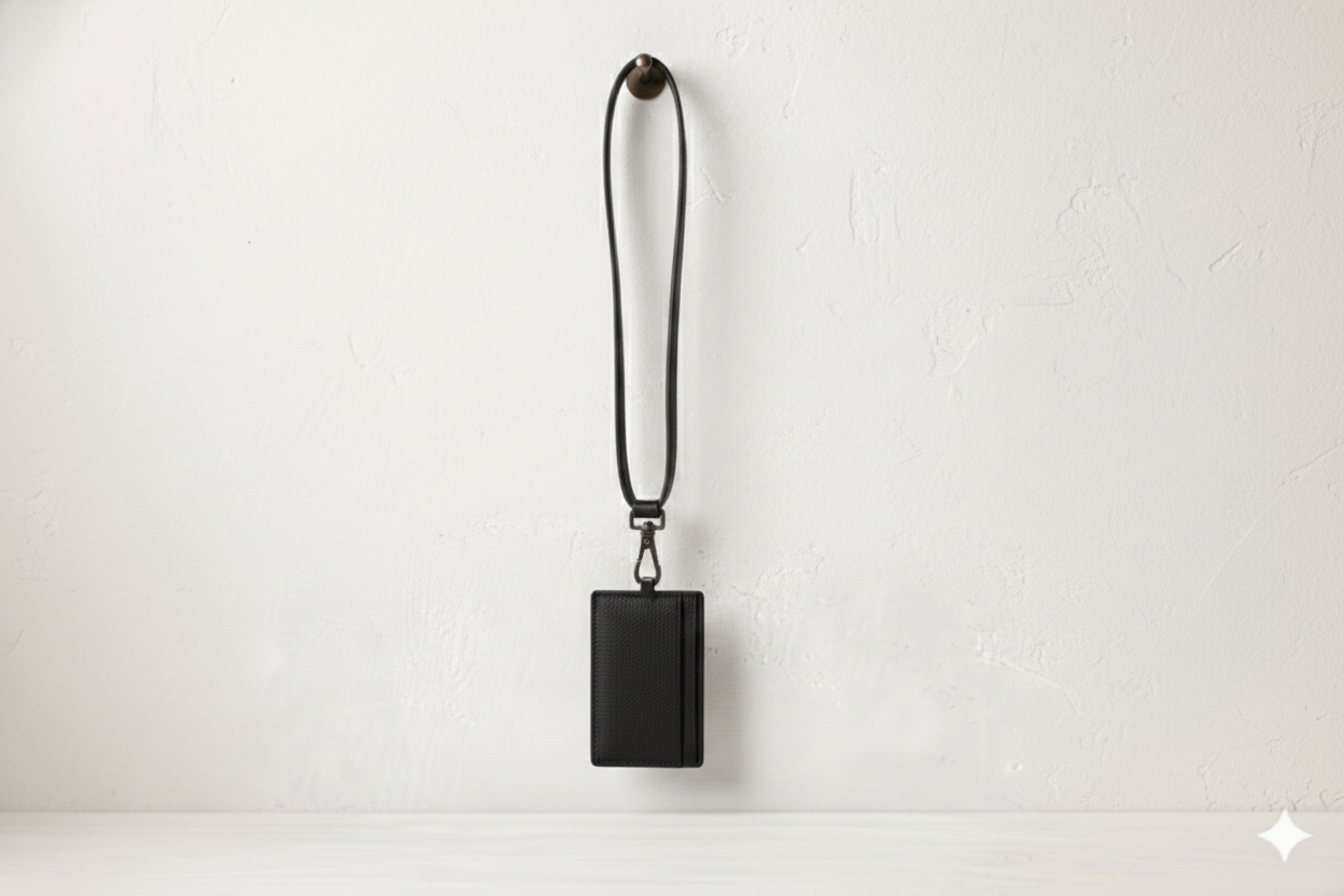 A black lanyard with a rectangular black badge holder hanging on a white textured wall.