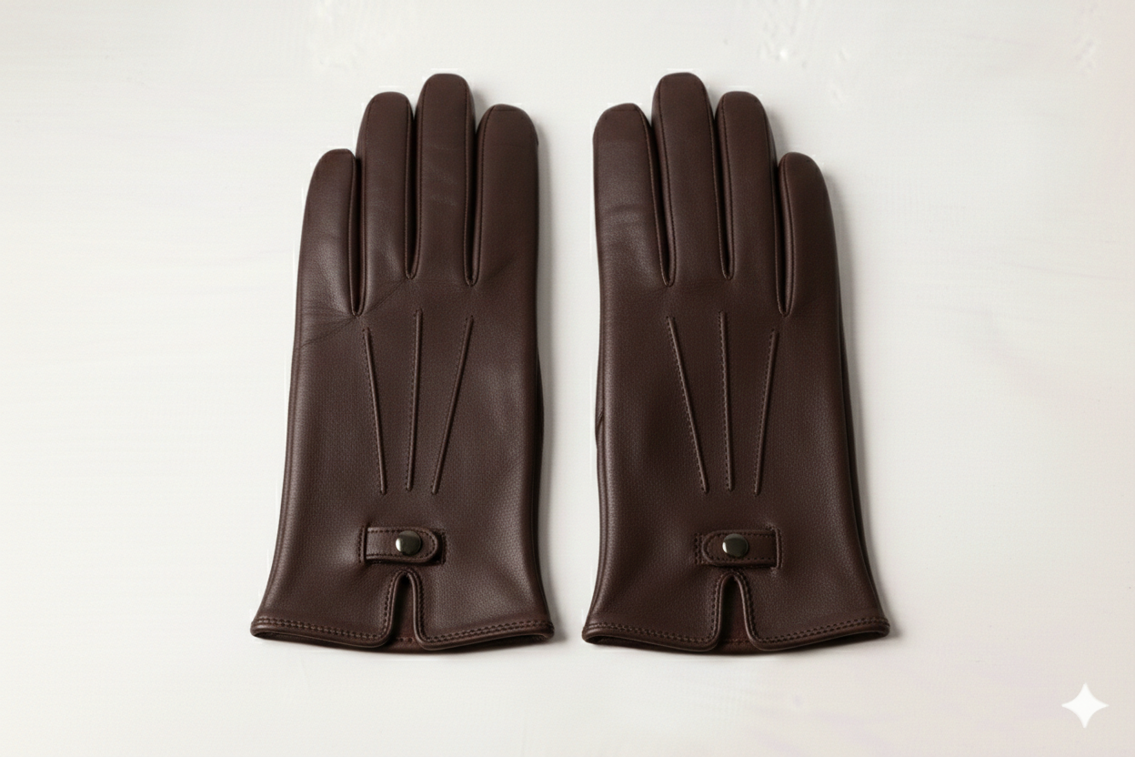 Pair of brown leather gloves with snap buttons on a white surface.