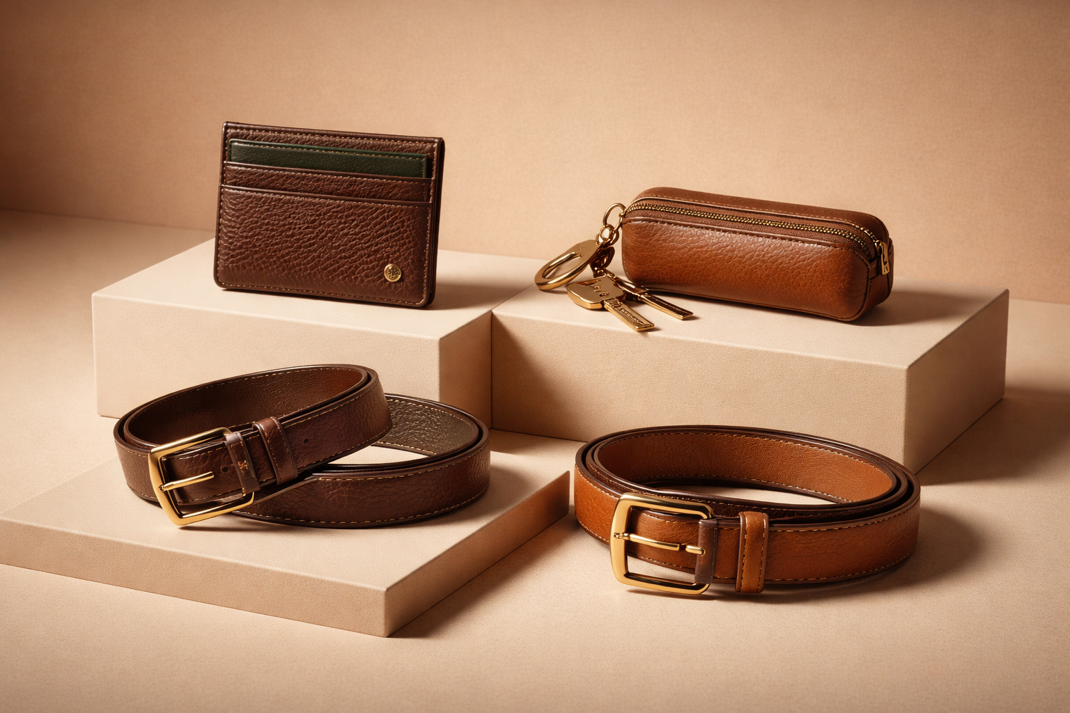 Displays a collection of brown leather accessories including two belts, a wallet, a pencil case, and a small pouch, arranged on beige platforms against a beige background.