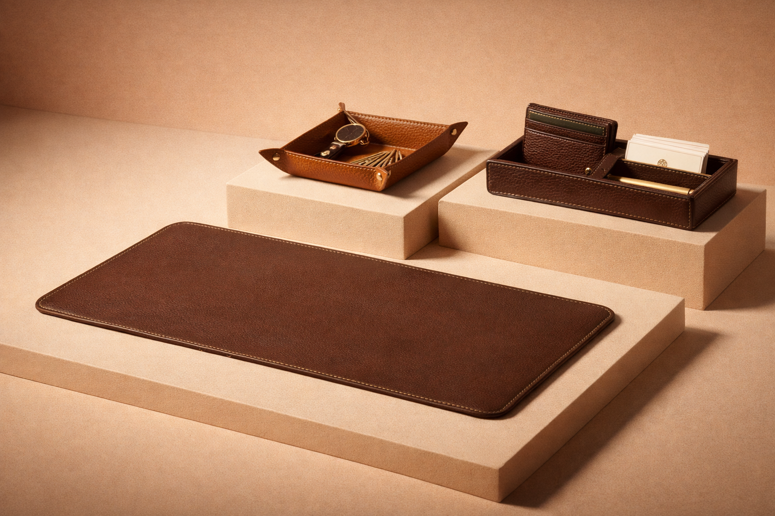 A display of leather accessories and desk mats, including a large brown leather desk mat, a small brown leather tray with sunglasses, a dark brown leather wallet and cardholder with business cards and a pen, all arranged on beige platforms against a warm beige background.