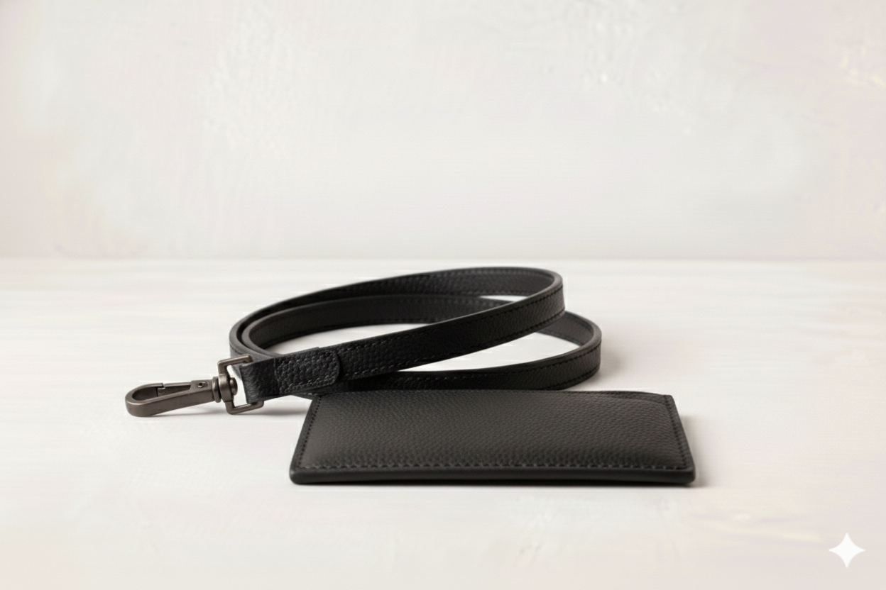 Black leather belt with a metal clip and black wallet on a white surface.