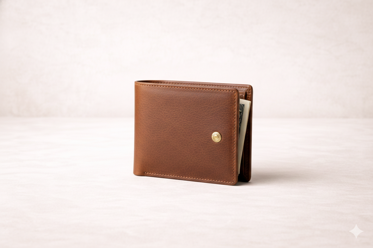 Brown leather wallet with a button snap, slightly open to reveal cash inside, on a light-colored surface.