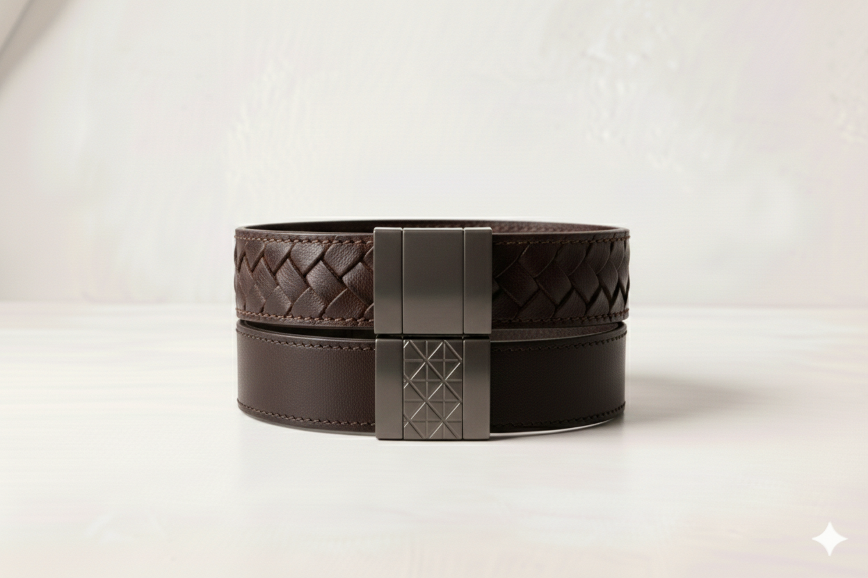 Two brown leather belts stacked on top of each other with a metallic clasp in the center, on a white surface against a plain white background.