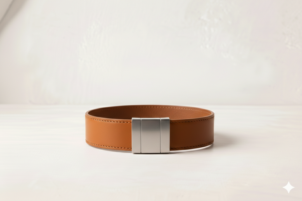 A tan leather belt with a silver rectangular buckle, placed on a white surface against a plain light background.