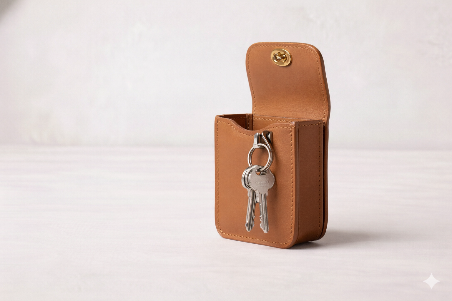Leather key case with a set of keys hanging from the front pocket, placed on a light-colored surface with a plain background.