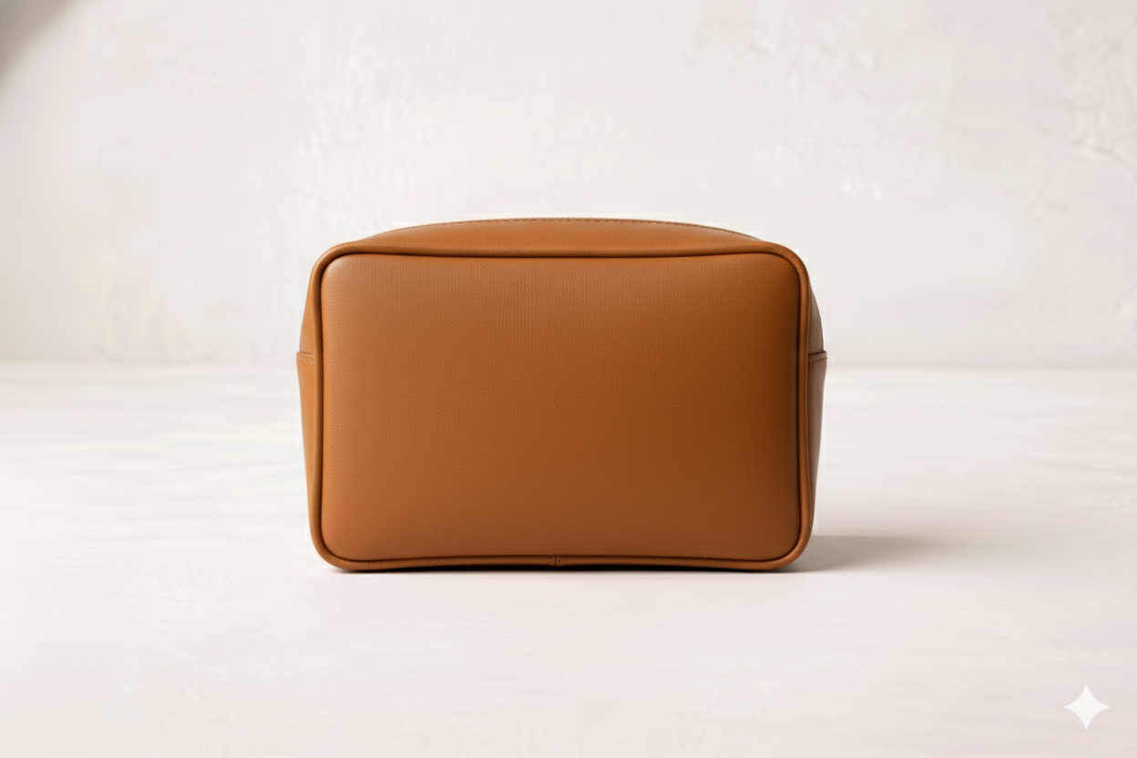 A brown leather rectangular toiletry bag on a white surface against a white textured wall.