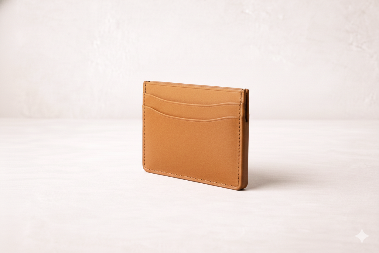 A brown leather wallet standing on a white surface against a plain light-colored background.