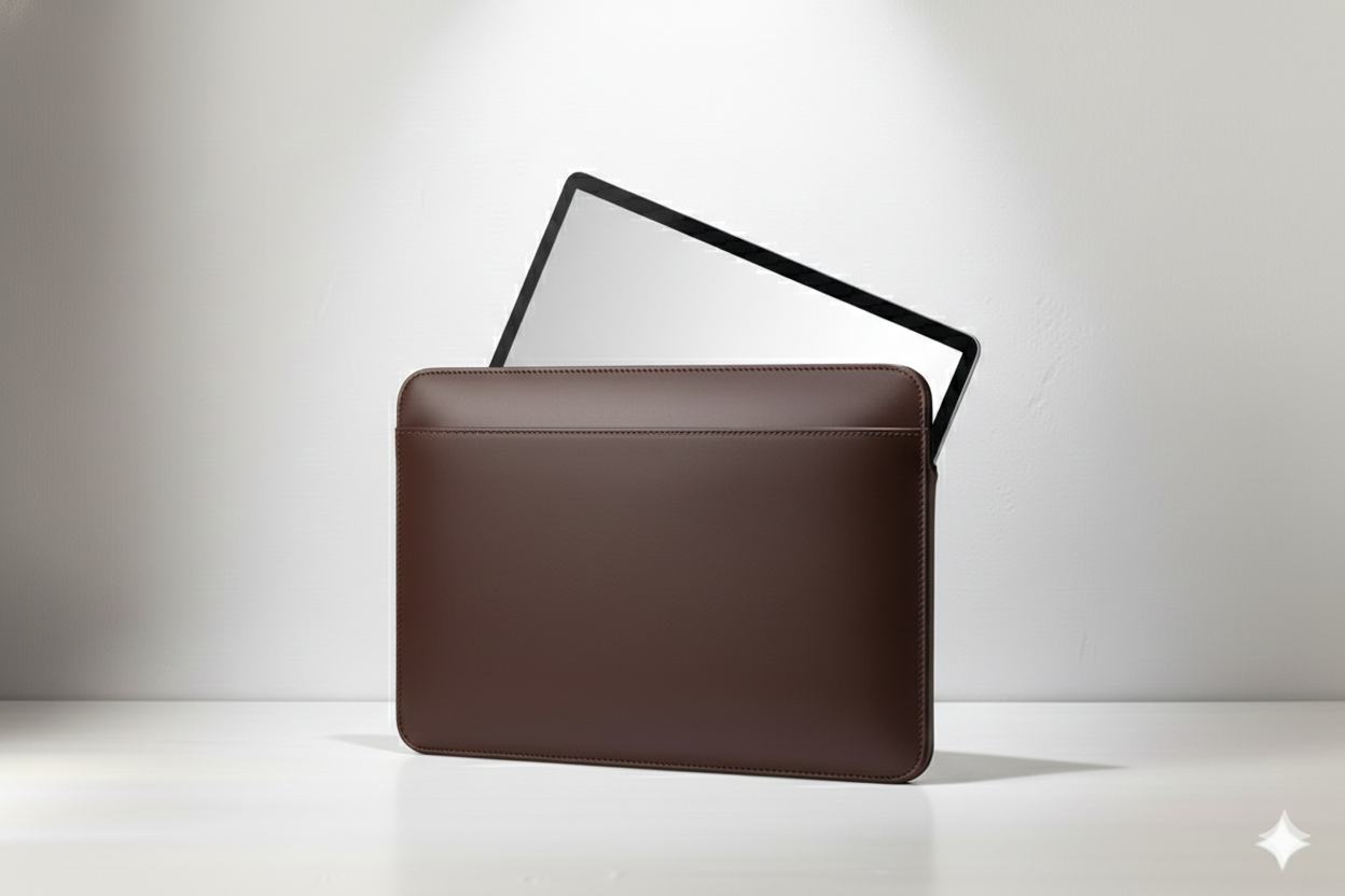 A brown leather briefcase with a partially open laptop inside.