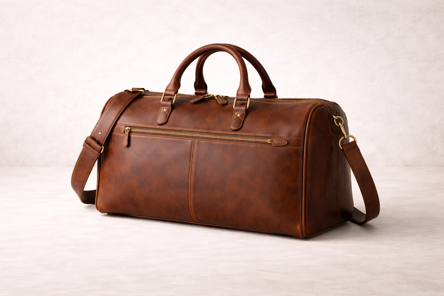 A brown leather travel duffle bag with a zippered external pocket, two handles, and an adjustable shoulder strap, placed on a light-colored surface against a plain background.
