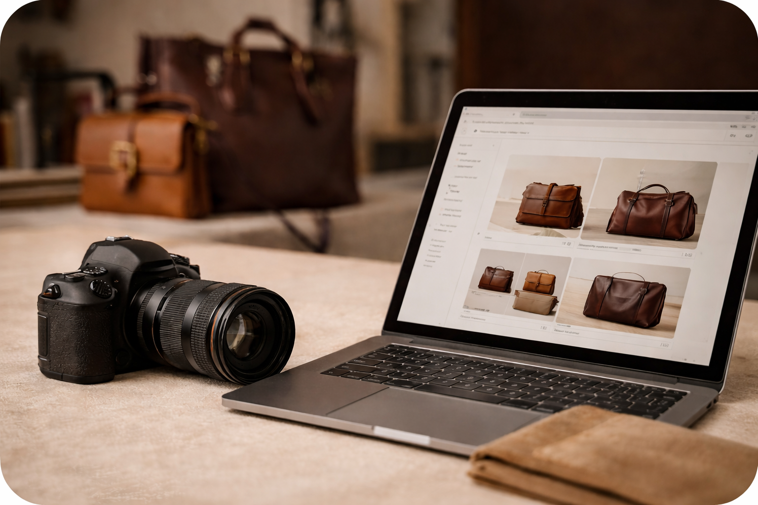 A camera and a laptop displaying photos of leather handbags on a wooden table, with more handbags in the background.