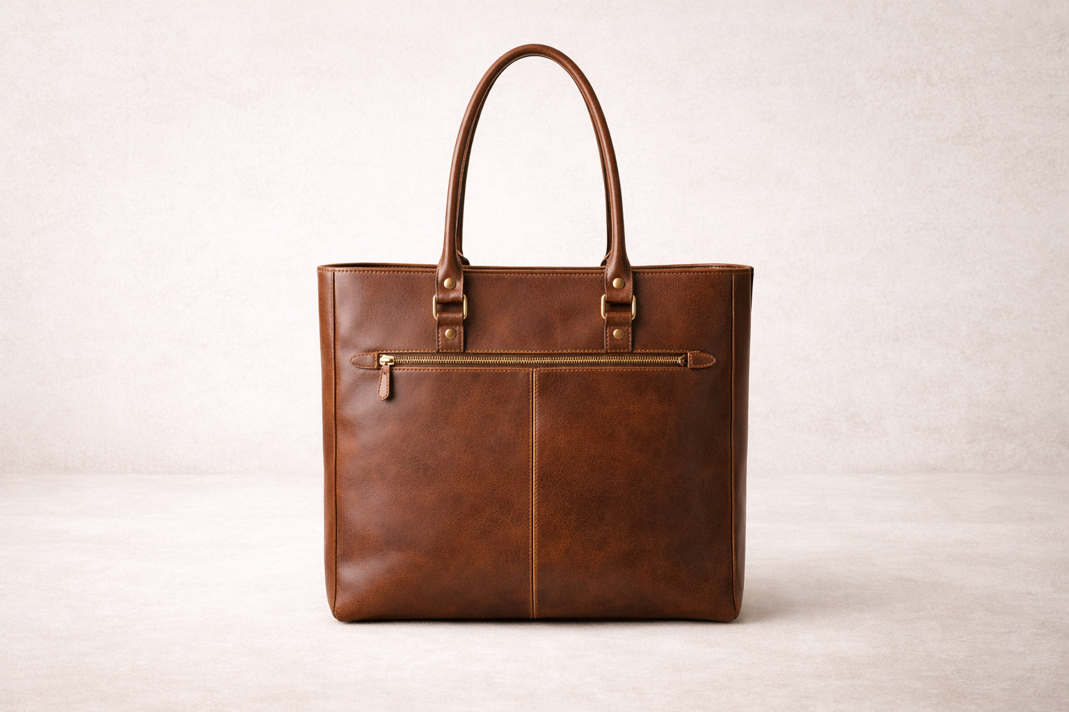Brown leather tote bag with handles and a front zipper pocket on a light background.