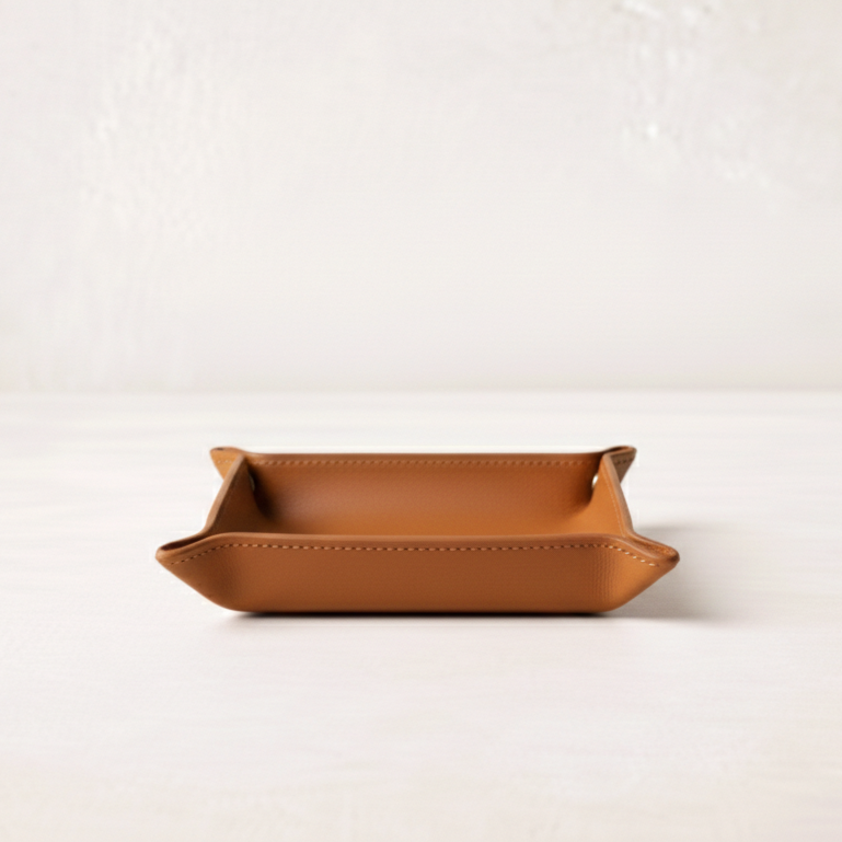 A tan leather tray with raised edges on a white surface against a white wall background.