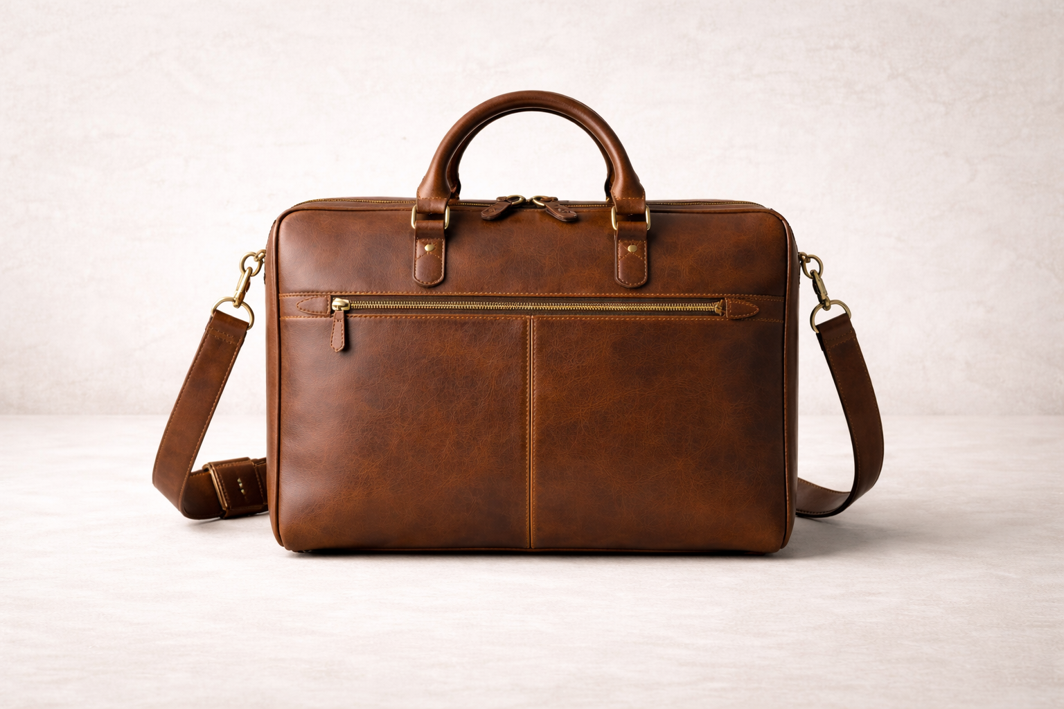 Brown leather briefcase with handle and shoulder strap, on a neutral background.