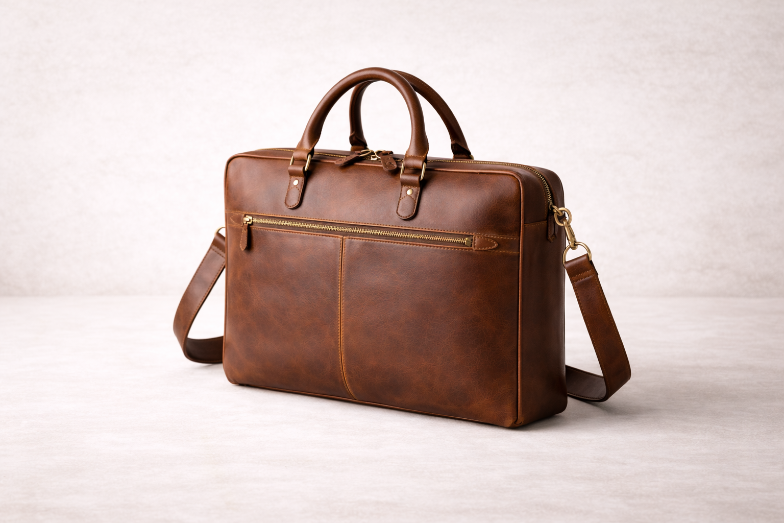 Brown leather briefcase with handles, a shoulder strap, and gold zipper details on a light background.