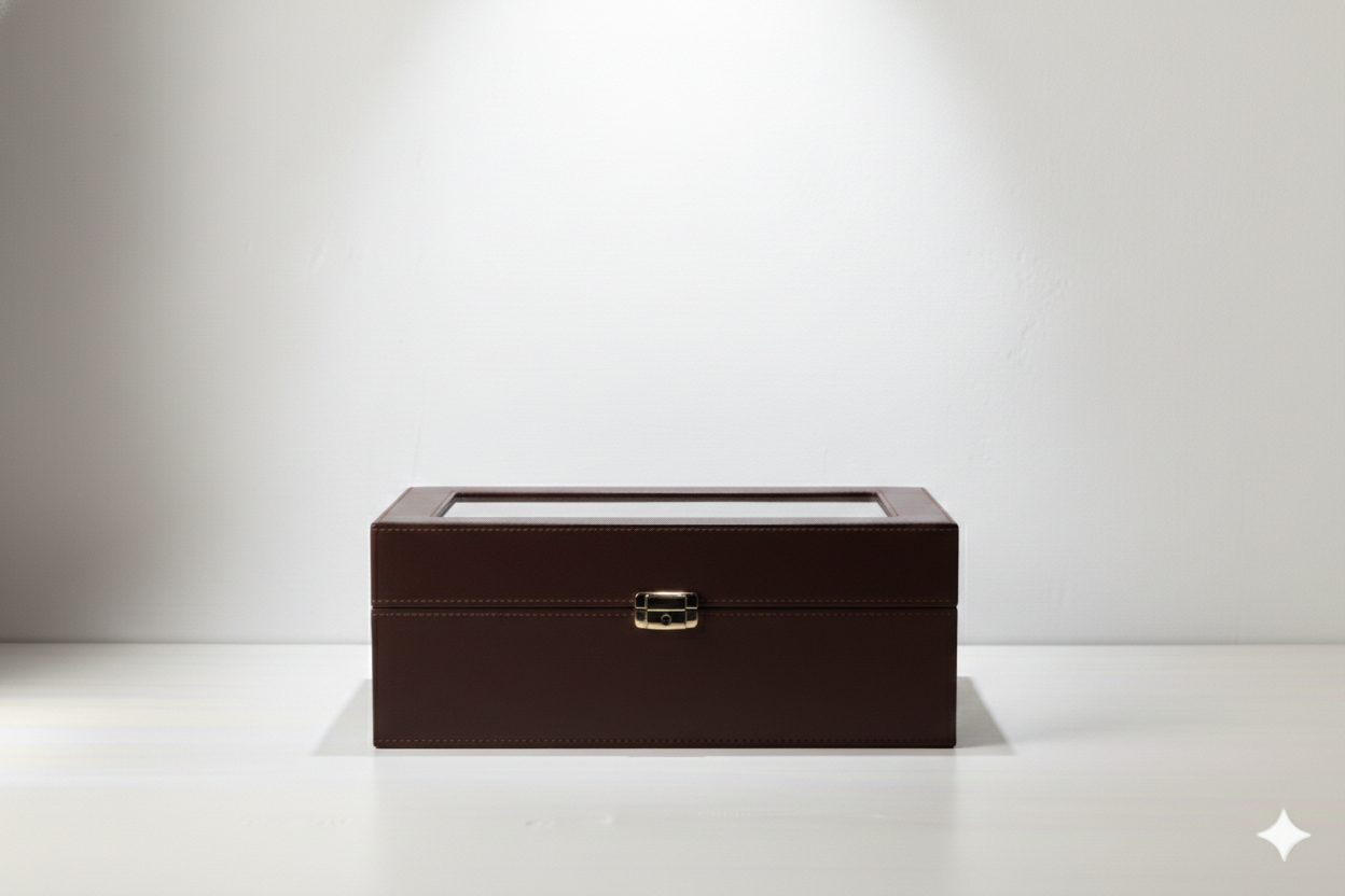 A brown leather jewelry box with a glass top, closed, sitting on a white surface against a white wall.
