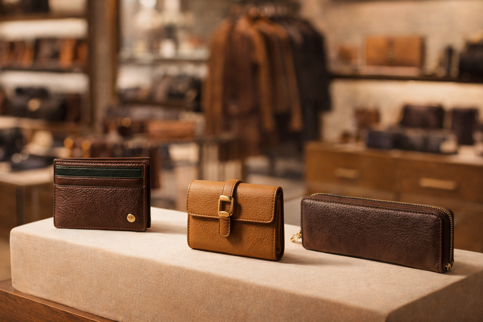Three leather wallets displayed on a white cloth surface in a leather goods store.