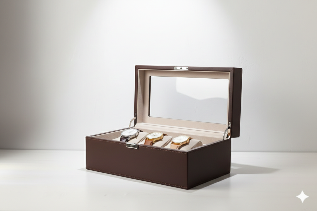 A brown watch storage box with a clear glass top, containing four watches with different band styles and colors, placed on a white surface against a plain light-colored background.