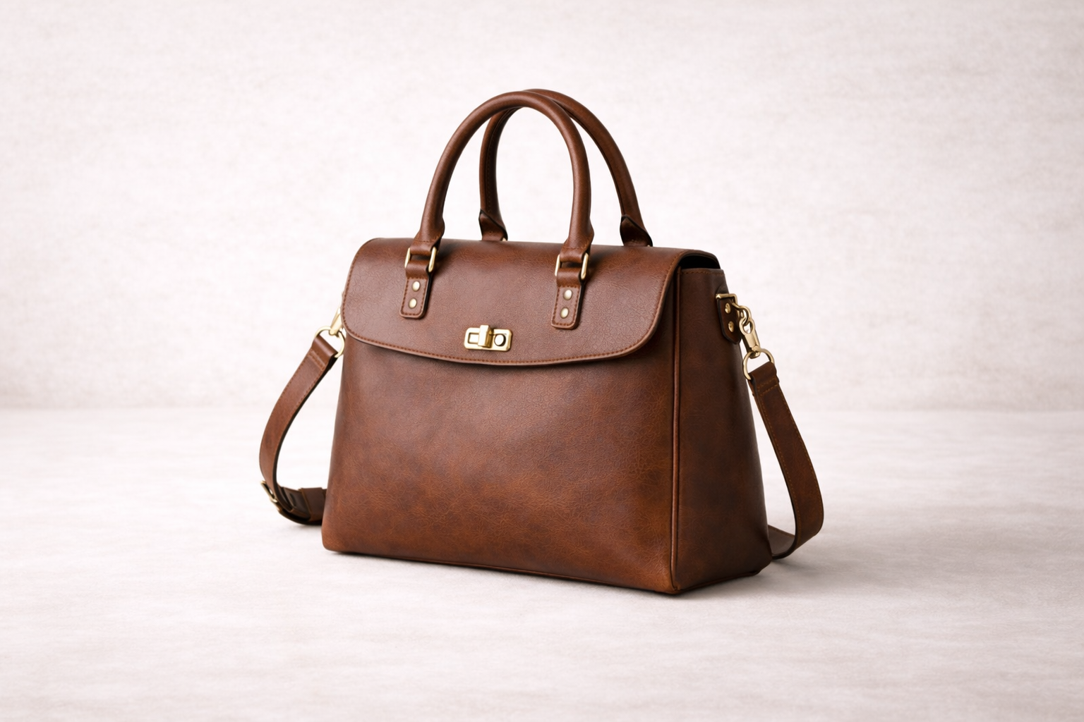 Brown leather handbag with handles and a shoulder strap, gold hardware, and a flap closure, placed on a neutral surface.
