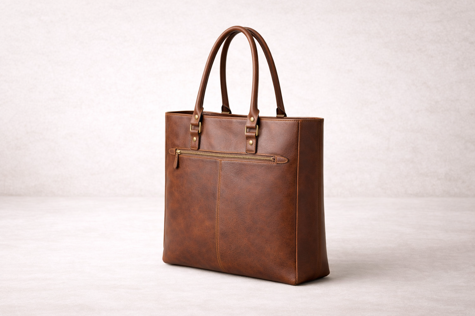 Brown leather tote bag with a front zipper pocket on a neutral background.