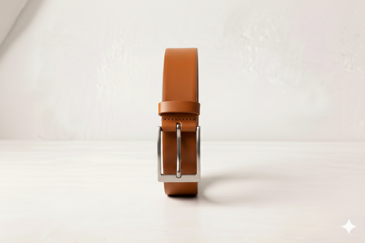 A tan leather belt with a silver buckle standing upright on a white surface, against a light-colored wall.