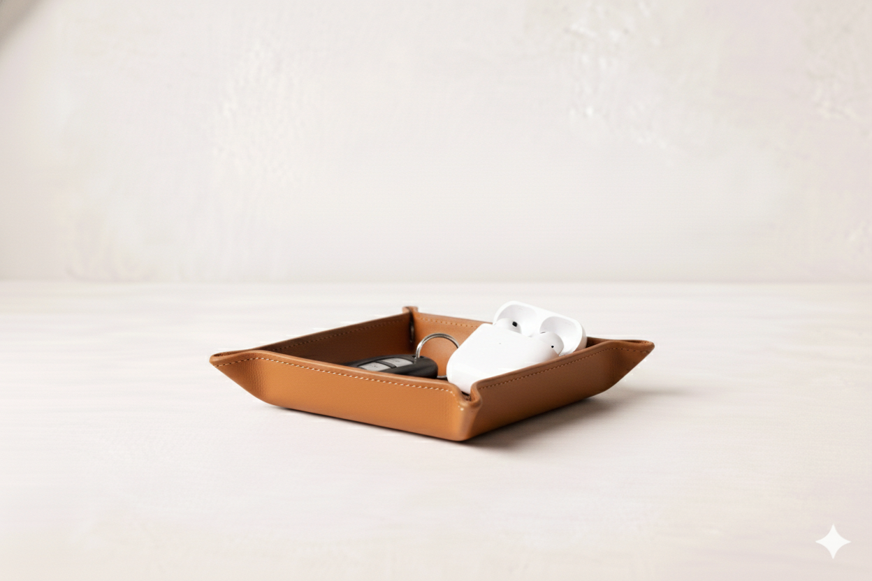A tan leather tray with white wireless earbuds and a set of car keys inside on a white surface.