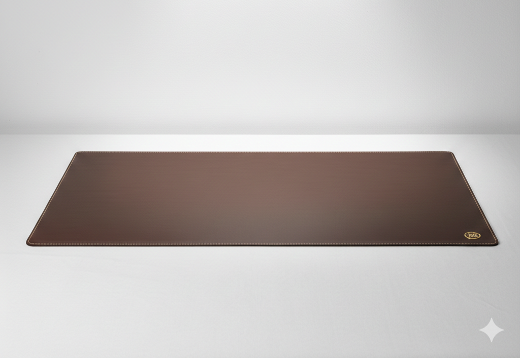 A large rectangular leather desk pad or mouse pad on a white surface