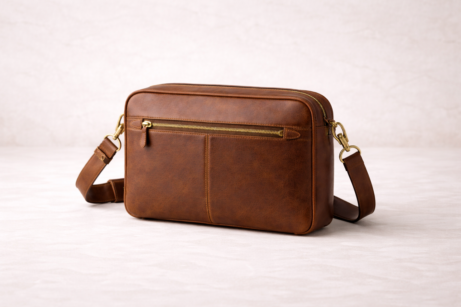 A brown leather messenger bag with a front zip pocket, placed on a light-colored surface against a plain background.
