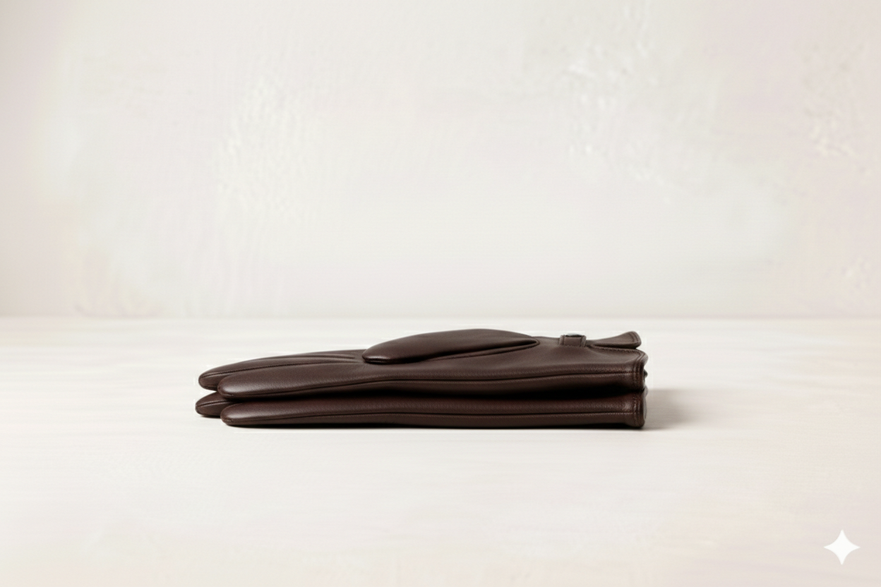 Stack of brown leather gloves on a light-colored surface against a plain background.