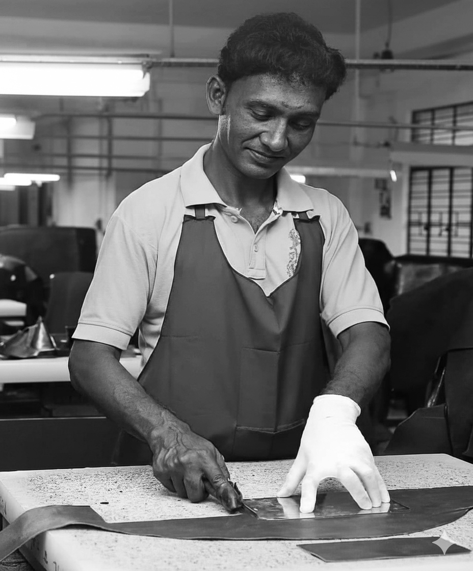 A man in a polo shirt and apron, smiling while working on a leather piece in a workshop.