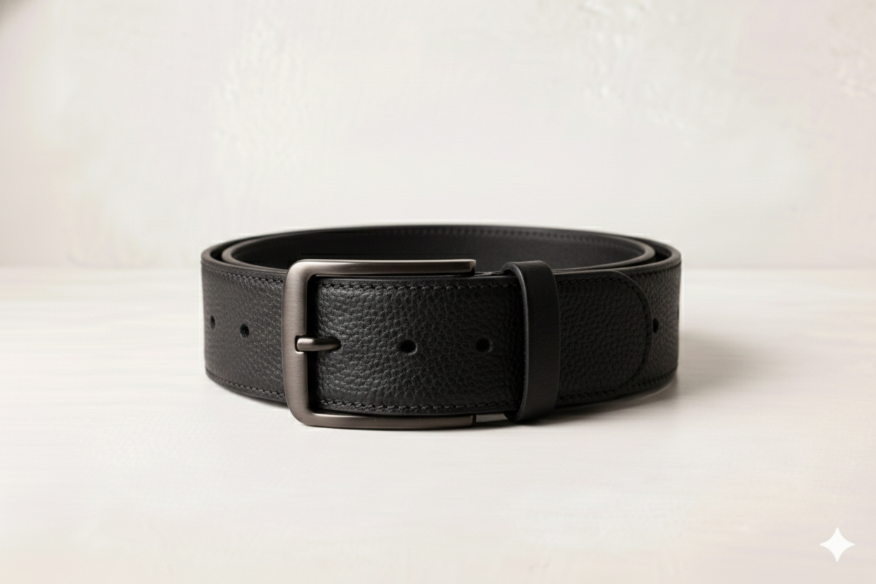 A black leather belt with a silver buckle lying flat on a white surface.