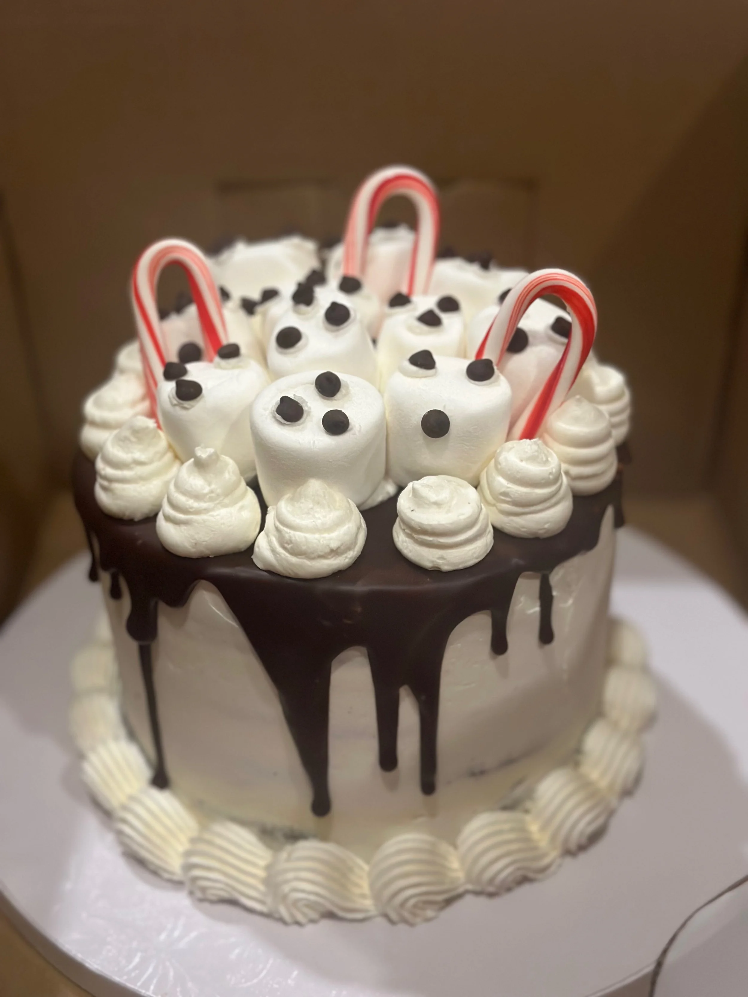 A birthday cake decorated with white frosting, chocolate drip, mini marshmallows, candy canes, and white icing borders.