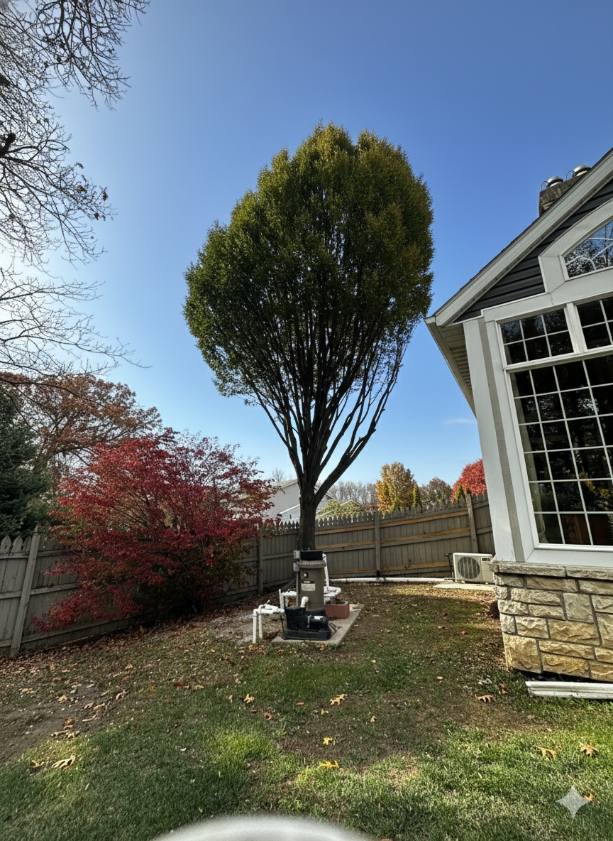 Buckeye Tree Guy performing professional tree pruning on a large ornamental tree in a Northeast Ohio backyard to improve tree health.