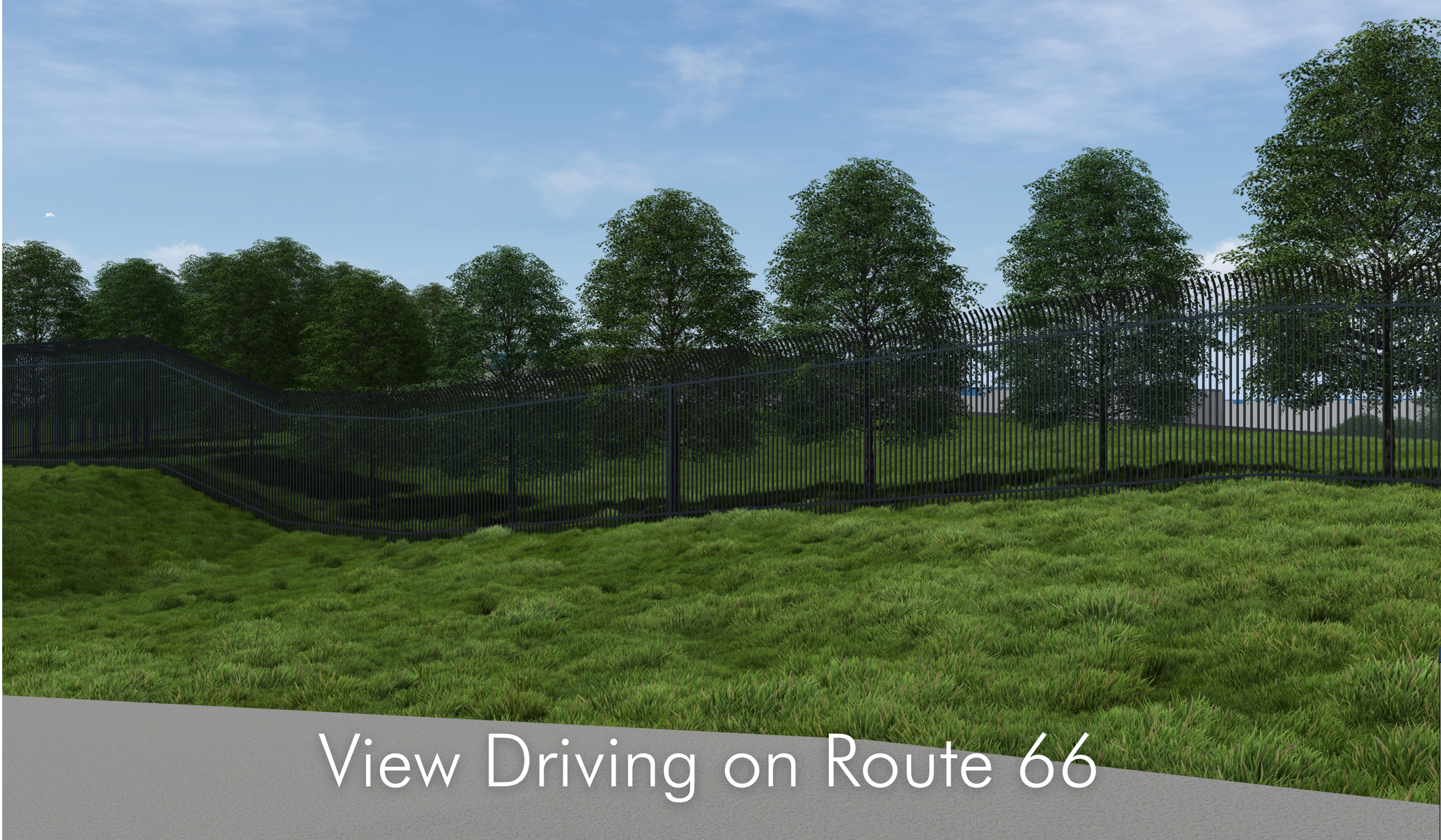 View of a grassy area with a black metal fence and trees in the background, seen from a road labeled Route 66.
